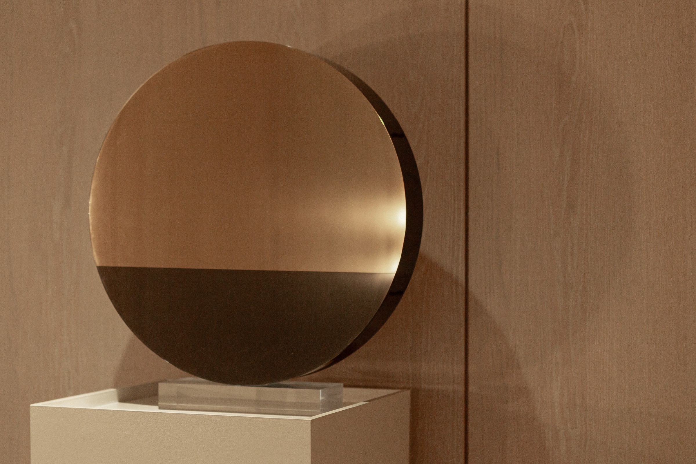 Mirror disc sculpture, wood context
