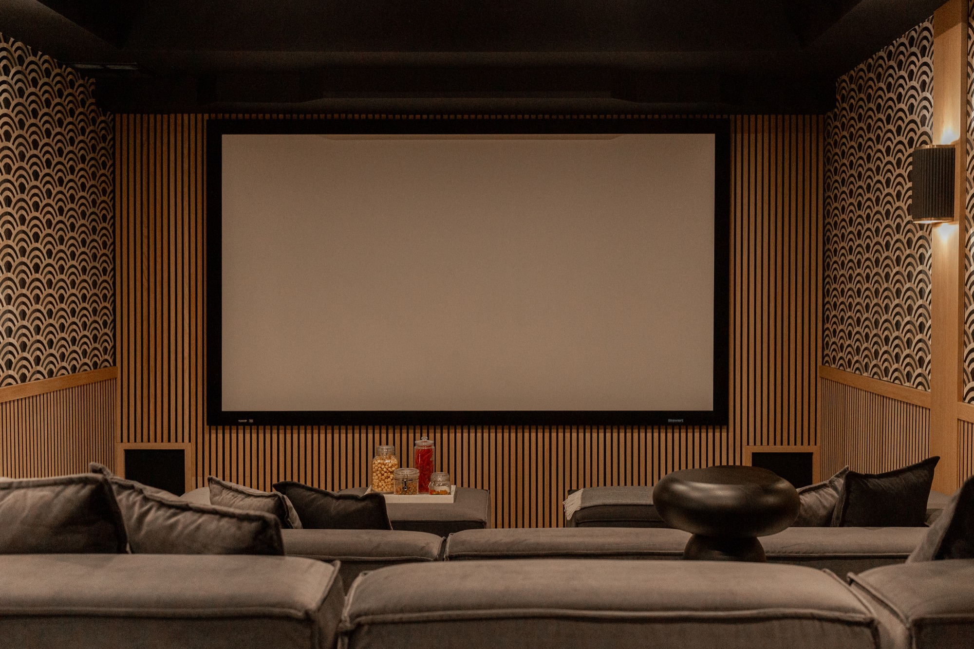 Home theater, wide screen and tiered seating